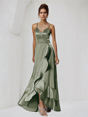 A Line Satin Spaghetti Straps Sleeveless Asymmetrical Bridesmaid Dresses With Ruffles
