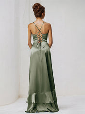 A Line Satin Spaghetti Straps Sleeveless Asymmetrical Bridesmaid Dresses With Ruffles