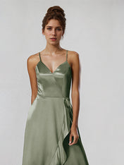 A Line Satin Spaghetti Straps Sleeveless Asymmetrical Bridesmaid Dresses With Ruffles