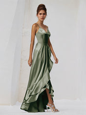 A Line Satin Spaghetti Straps Sleeveless Asymmetrical Bridesmaid Dresses With Ruffles