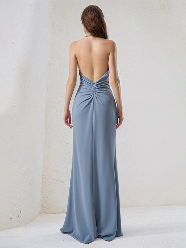 Dreamylily Women Dusty Blue Chiffon Sheath/Column Halter Neck Sleeveless Floor Length Bridesmaid Dress Dreamylily Women Dusty Blue Chiffon Sheath/Column Halter Neck Sleeveless Floor Length Bridesmaid Dress