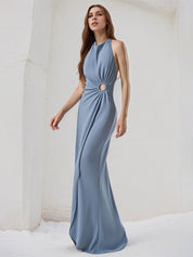 Dusty Blue Chiffon Sheath/Column Halter Neck Sleeveless Floor Length Bridesmaid Dress