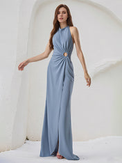 Dusty Blue Chiffon Sheath/Column Halter Neck Sleeveless Floor Length Bridesmaid Dress
