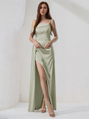 Sage Green Satin Sheath/Column One Shoulder Sleeveless Floor Length Bridesmaid Dress