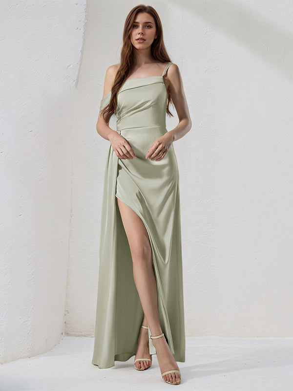 Sage Green Satin Sheath/Column One Shoulder Sleeveless Floor Length Bridesmaid Dress
