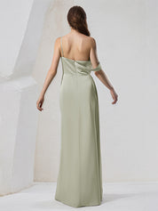 Sage Green Satin Sheath/Column One Shoulder Sleeveless Floor Length Bridesmaid Dress