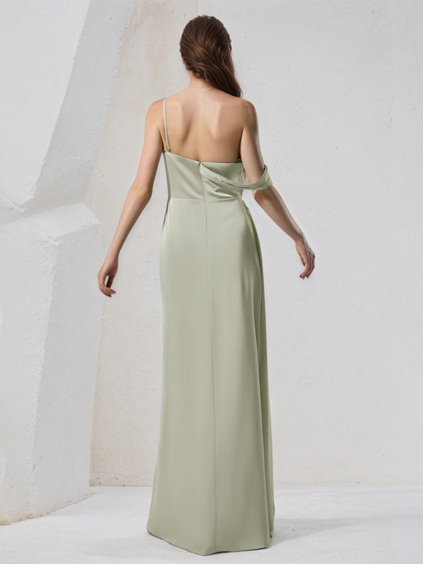 Sage Green Satin Sheath/Column One Shoulder Sleeveless Floor Length Bridesmaid Dress