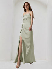 Sage Green Satin Sheath/Column One Shoulder Sleeveless Floor Length Bridesmaid Dress