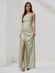 Sage Green Satin Sheath/Column One Shoulder Sleeveless Floor Length Bridesmaid Dress