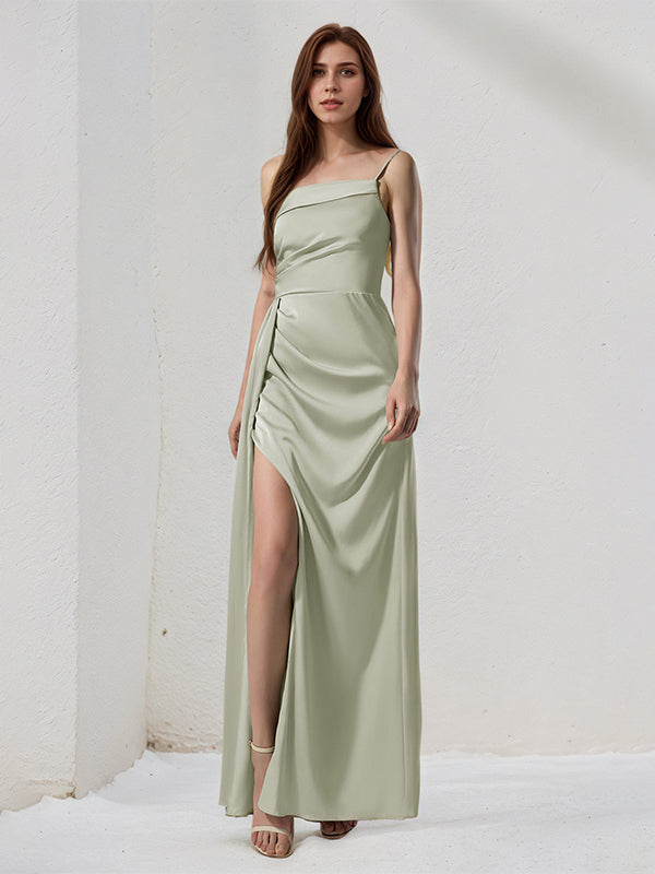 Sage Green Satin Sheath/Column One Shoulder Sleeveless Floor Length Bridesmaid Dress