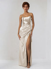 Sand Satin Sheath/Column Spaghetti Straps Sleeveless Floor Length Bridesmaid Dress