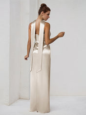Sand Satin Sheath/Column Spaghetti Straps Sleeveless Floor Length Bridesmaid Dress