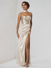 Sand Satin Sheath/Column Spaghetti Straps Sleeveless Floor Length Bridesmaid Dress