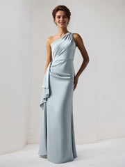 Dusty Blue Satin One Shoulder Sleeveless Floor Length Dress With Slit