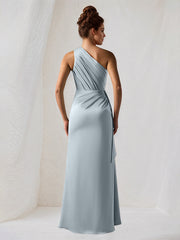 Dusty Blue Satin One Shoulder Sleeveless Floor Length Dress With Slit