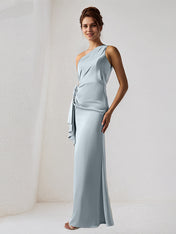 Dusty Blue Satin One Shoulder Sleeveless Floor Length Dress With Slit