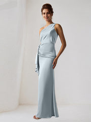 Dusty Blue Satin One Shoulder Sleeveless Floor Length Dress With Slit