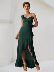 Dark Emerald Chiffon A Line One Shoulder Sleeveless Asymmetrical Bridesmaid Dress