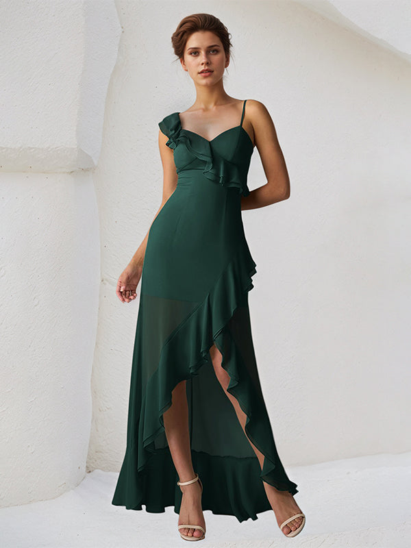 Dark Emerald Chiffon A Line One Shoulder Sleeveless Asymmetrical Bridesmaid Dress