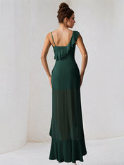 Dark Emerald Chiffon A Line One Shoulder Sleeveless Asymmetrical Bridesmaid Dress
