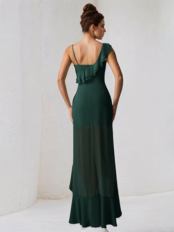 Dark Emerald Chiffon A Line One Shoulder Sleeveless Asymmetrical Bridesmaid Dress