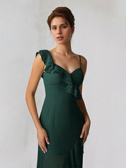 Dark Emerald Chiffon A Line One Shoulder Sleeveless Asymmetrical Bridesmaid Dress