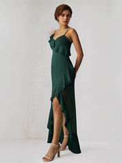 Dark Emerald Chiffon A Line One Shoulder Sleeveless Asymmetrical Bridesmaid Dress
