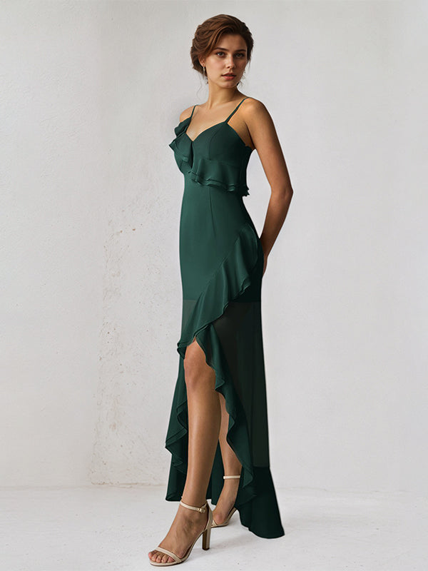 Dark Emerald Chiffon A Line One Shoulder Sleeveless Asymmetrical Bridesmaid Dress