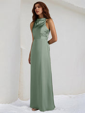 Oil Green Satin Sheath/Column High Neck Sleeveless Floor Length Bridesmaid Dress