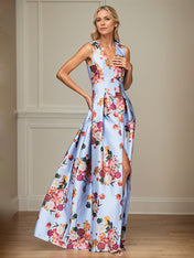 A-Line V-Neck Peonies Floral Mother of the Bride Dress With Slit