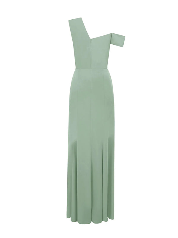 Mist Green Satin One Shoulder Sleeveless Floor Length Formal Dress