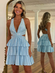 Light Blue A Line Halter V Neck Homecoming Dresses with Beading