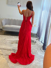 Lace Embroidery Ruffle Long Prom Dress with Slit