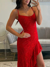 Lace Embroidery Ruffle Long Prom Dress with Slit