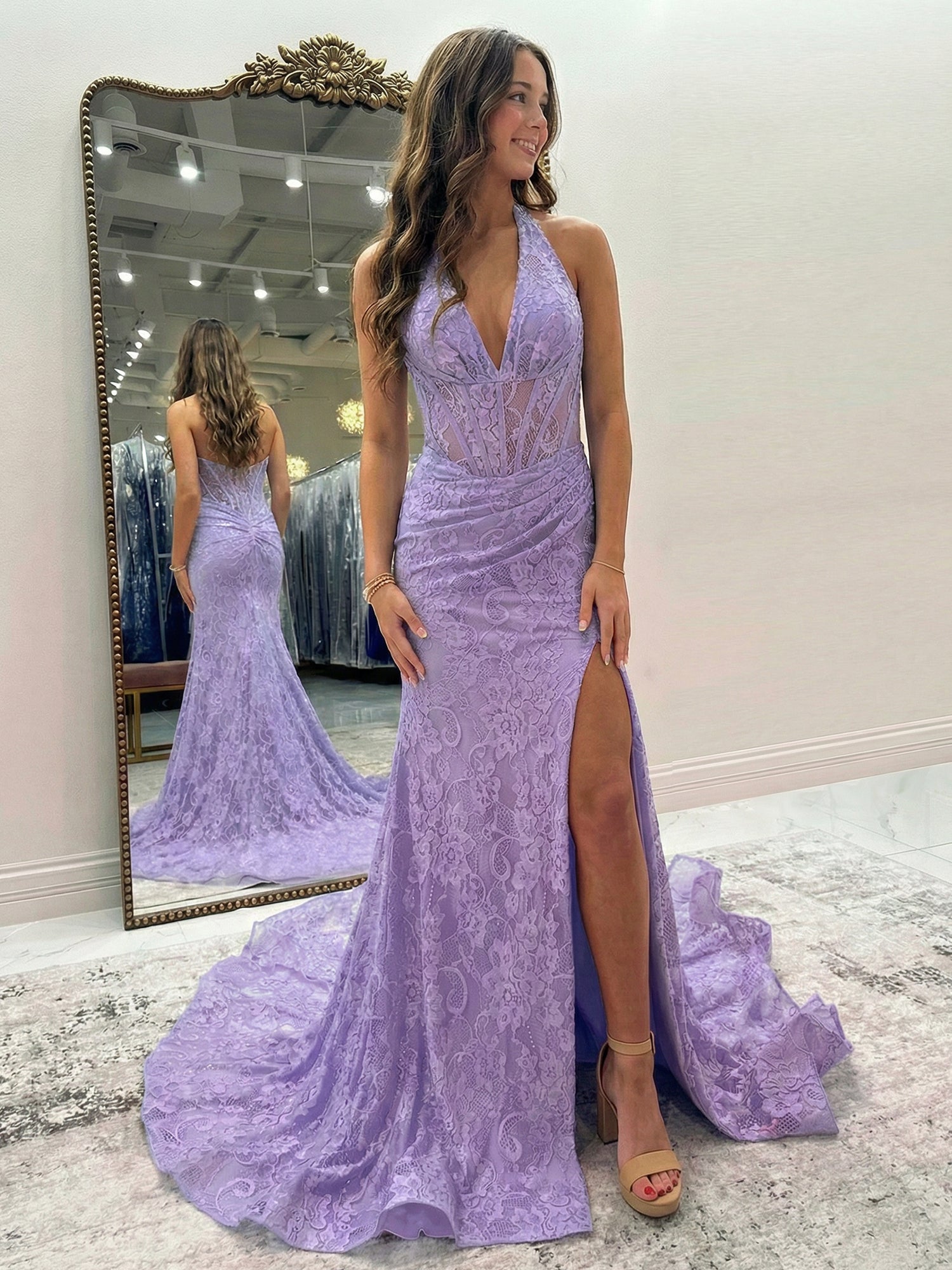 Black Mermaid Lace Halter Long Prom Dress with Slit