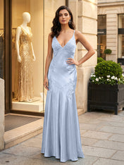 Green Appliques Soft Satin Long Prom Party Dress