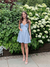 Blue A Line V-neck Beaded Back Tie Short Homecoming Mini Dress