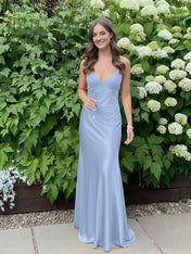Blue A Line V-neck Beaded Back Tie Long Prom Dress