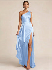 Sleek Foraml Evening Gown Midnight Navy One-Shoulder Satin Slit Maxi Dress