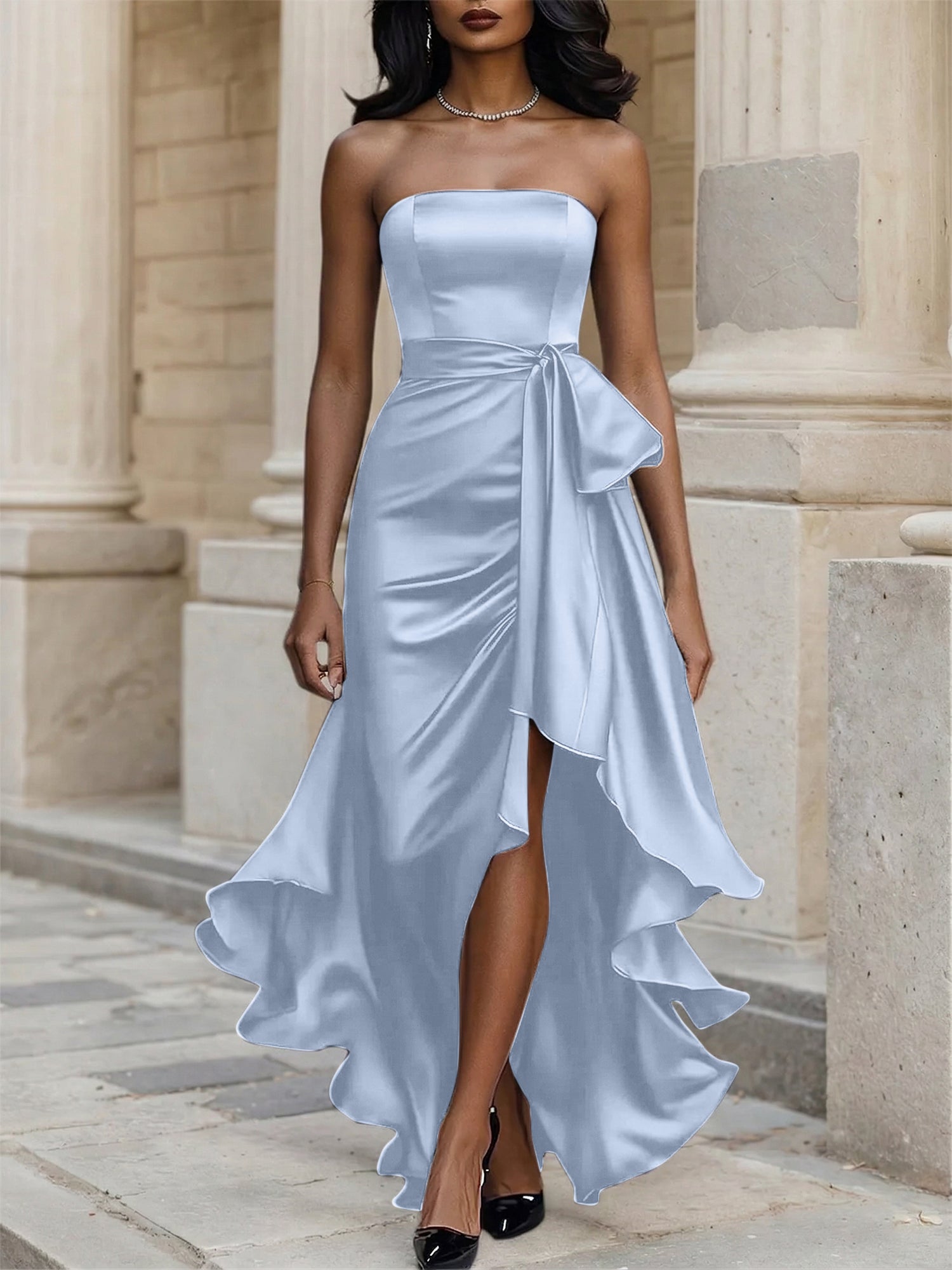 Glamorous Formal Dress Midnight Navy Strapless Satin Gown Midi Dress