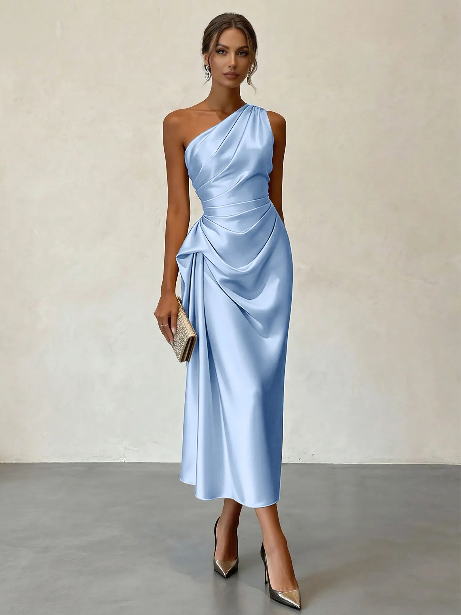 Champagne Ruched Satin One Shoulder Sleeveless Sheath Midi Dress