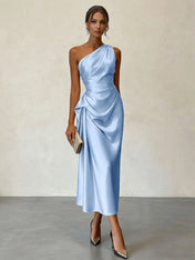 Champagne Ruched Satin One Shoulder Sleeveless Sheath Midi Dress