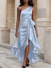 Glamorous Formal Dress Midnight Navy One Shoulder High-Low Satin Gown Midi Dress