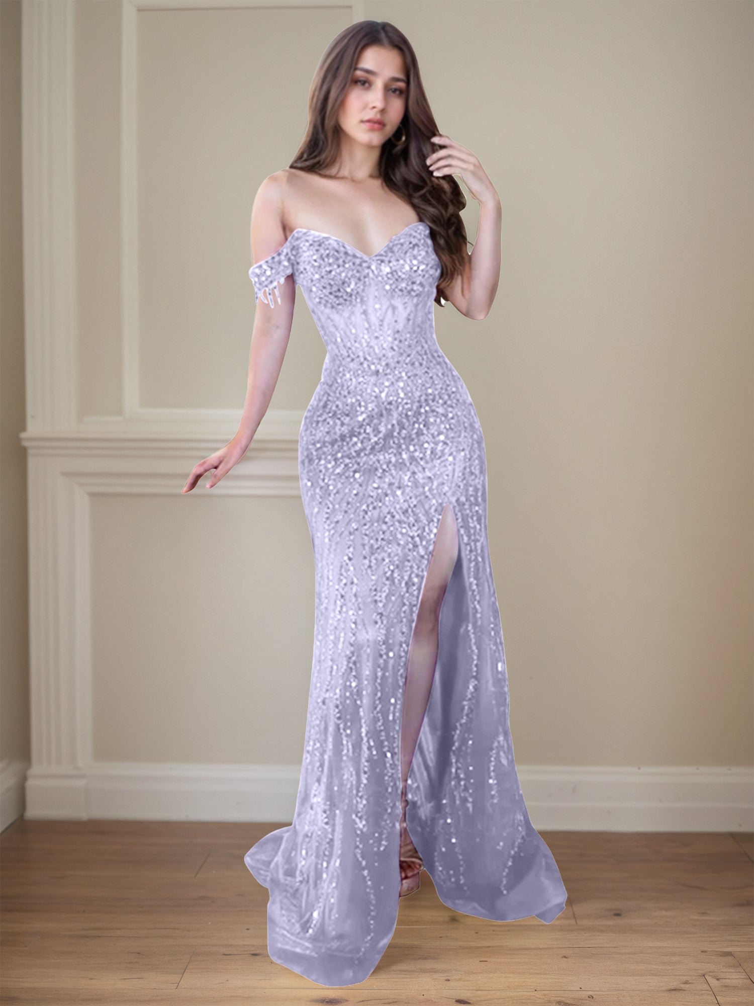 Red Off-the-Shoulder Beaded Tulle Long Prom Dress with Swirling Sequins