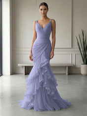 Mauve Folds Tulle Strapless Sleeveless Mermaid Gown Dress