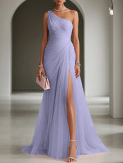 Pink Ruched Slit Tulle Strapless One Shoulder Sheath Gown Dress