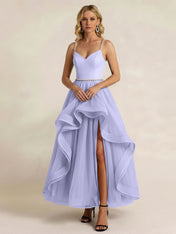 Black Tulle Ruffled A Line Long Formal Dress with Slit