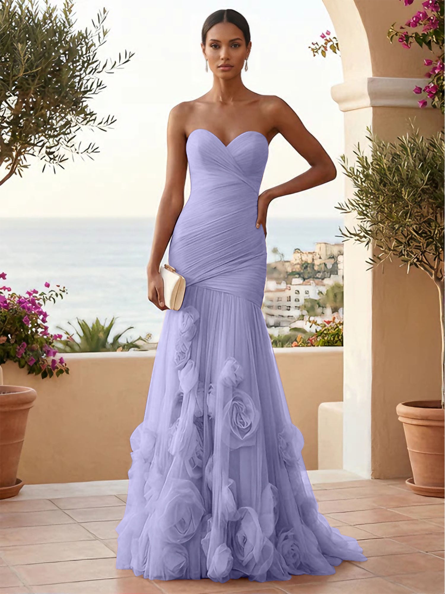 Sweetheart Tulle Pleat Mermaid Evening Dresses with 3D Flower
