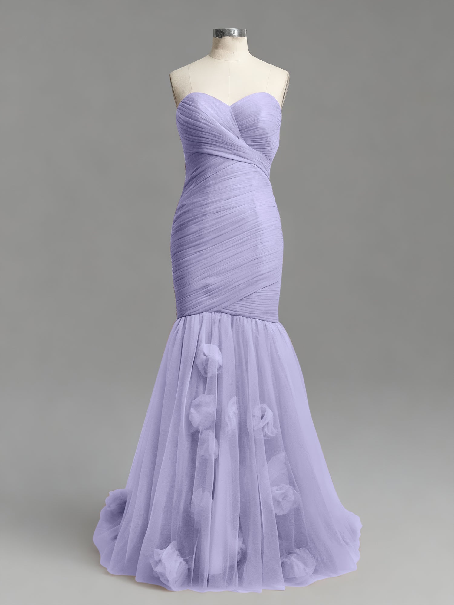 Dusty Rose Mermaid Strapless Ruched Tulle Prom Dress with 3D Floral