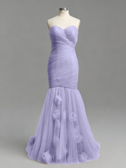 Dusty Rose Mermaid Strapless Ruched Tulle Prom Dress with 3D Floral